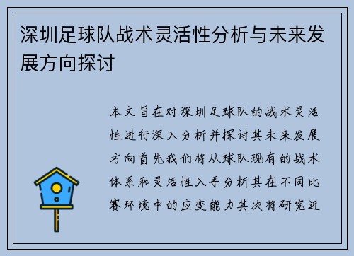 深圳足球队战术灵活性分析与未来发展方向探讨